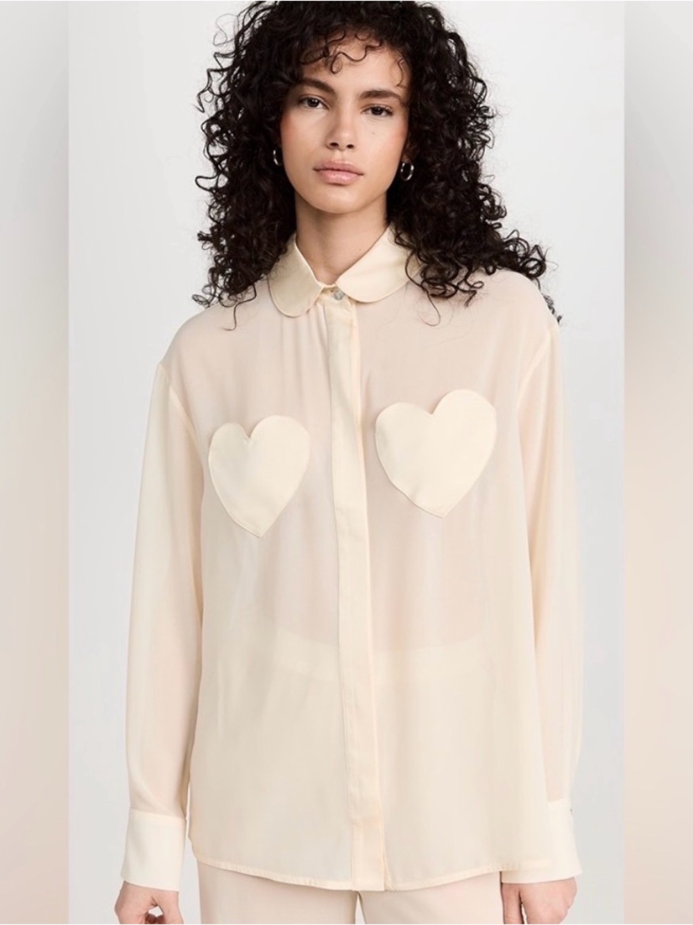 Sleeper Sheer Heart-Patch Button-Up Blouse — Cream